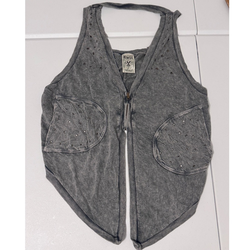 Vocal Grey Acid Wash Studded Zip Vest Pointed Hem Biker Gothic Y2K Grunge qq